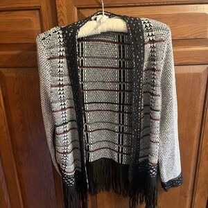 Christopher & Banks Open Cardigan Size Large‎ Black Red Gray Fringe